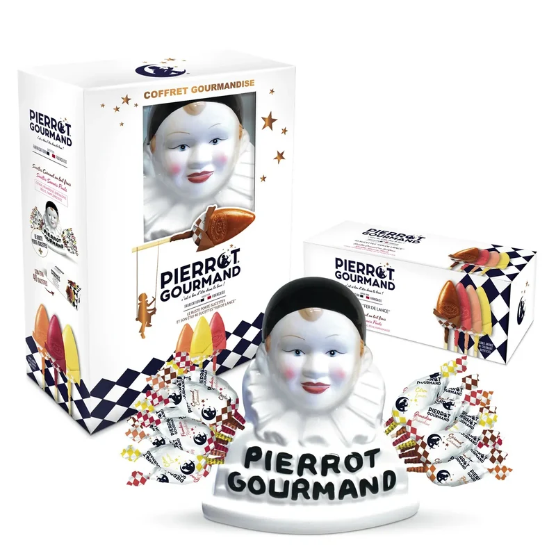 Coffret gourmandise (Buste porte-sucettes + Etui 40 sucettes assorties fruits et caramel), Pierrot gourmand