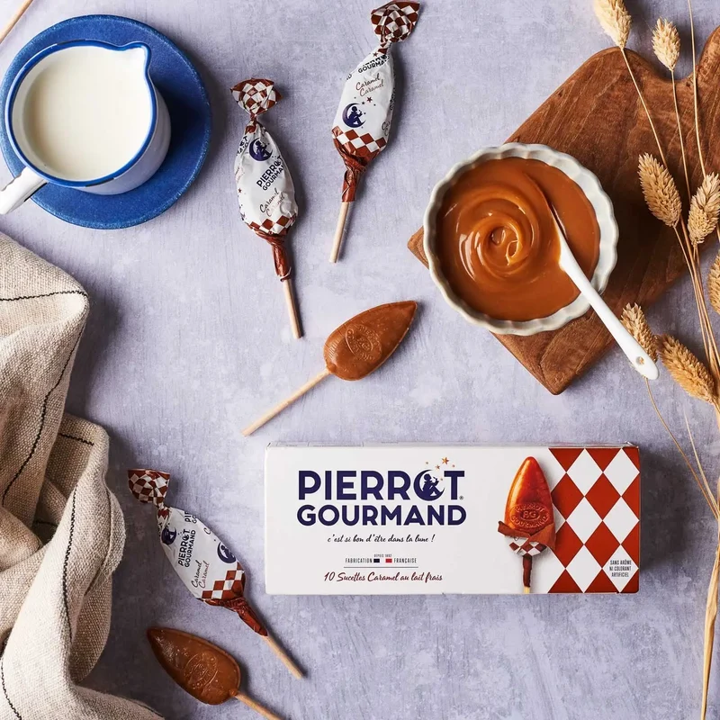 Etui de 10 sucettes Caramel au lait frais, Pierrot Gourmand